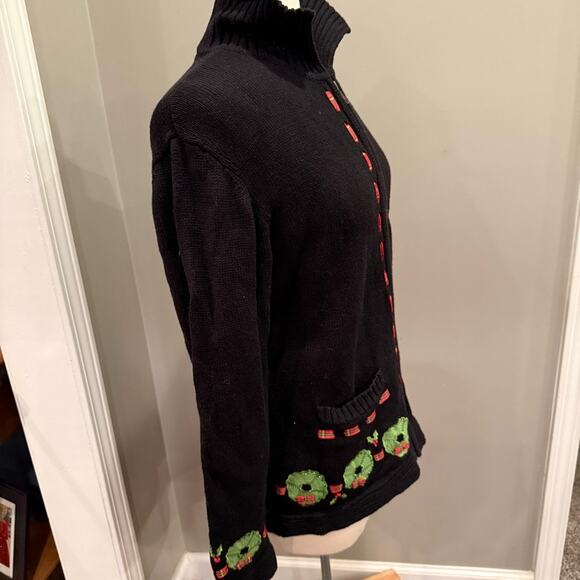 Vintage Christmas Wreath Zip Sweater Plaid Ribbon Applique Beaded Sz Lrg Black - Picture 3 of 12